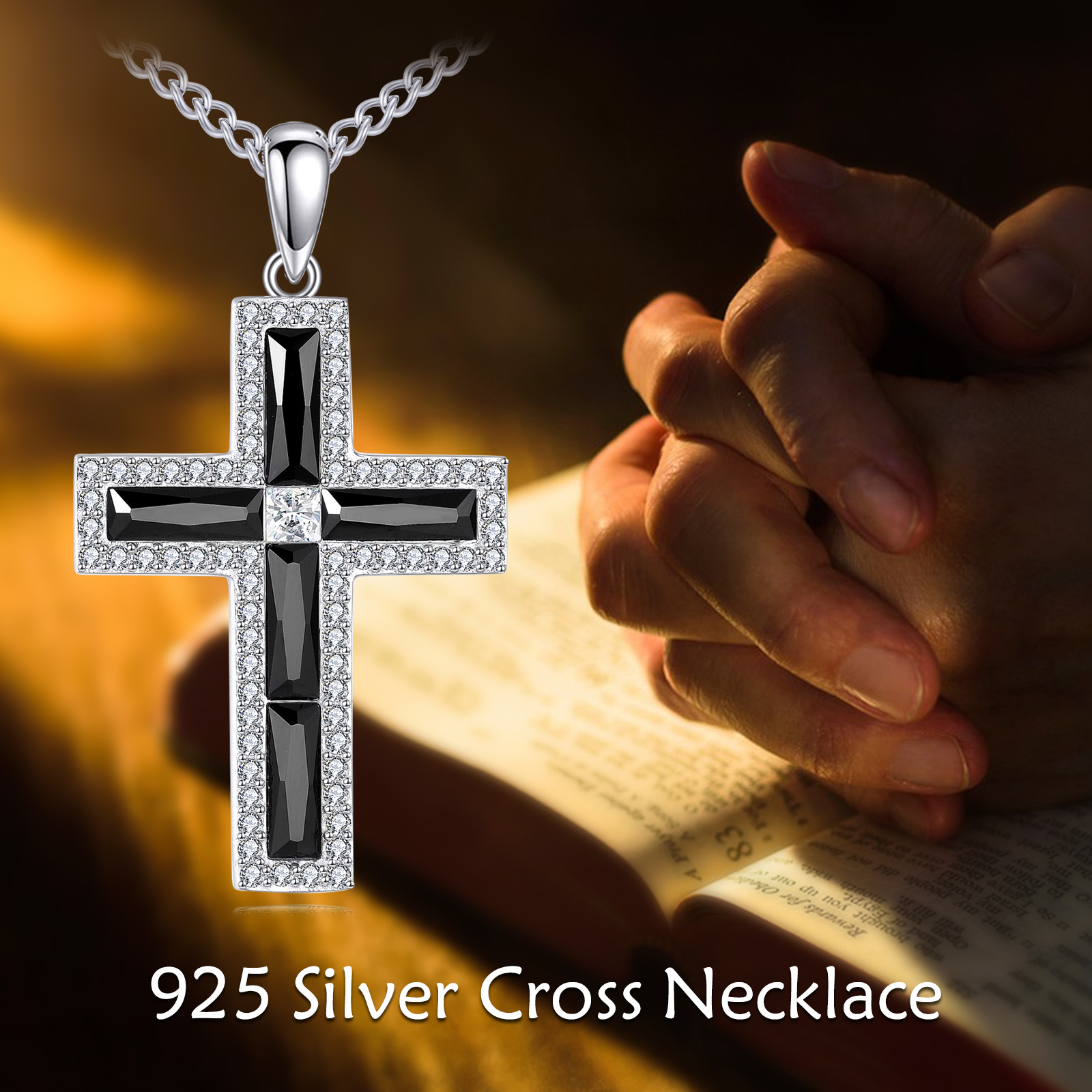 Sterling Silver Cross Pendant with Black Cubic Zirconia